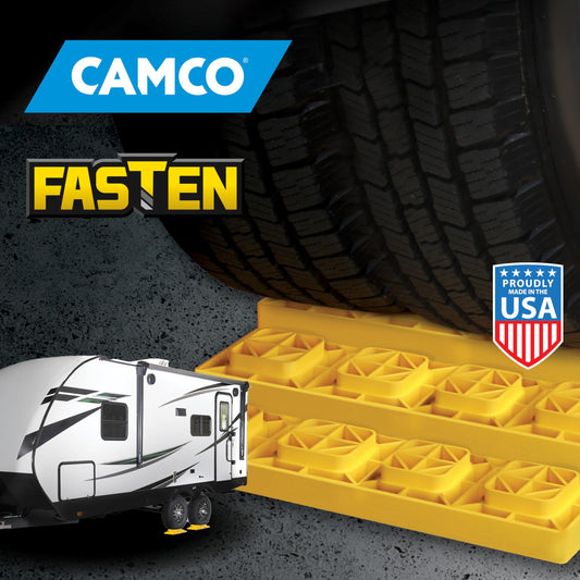 CAMCO 44515 Camco Fasten RV Leveling Blocks - Features Interlocking Design for Customizable Height - Carrying Handle Twists to Secure Blocks for RV Storage - 17” x 8.5” x 1”, Yellow, 10-Pack (21023)