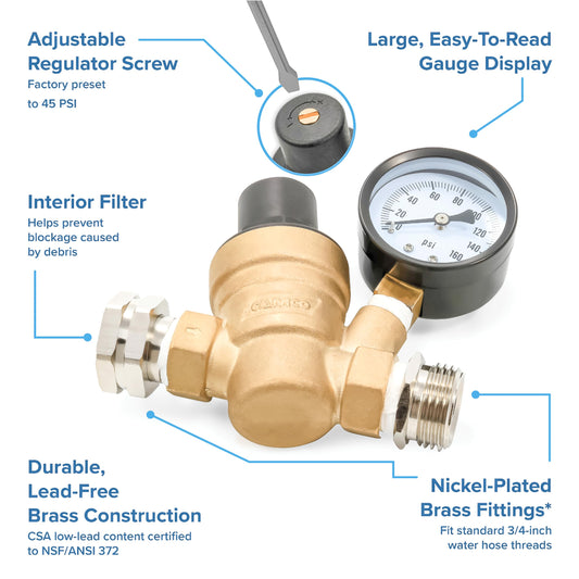 CAMCO 40058 Camco Adjustable RV Water Pressure Regulator - Lead-Free Brass