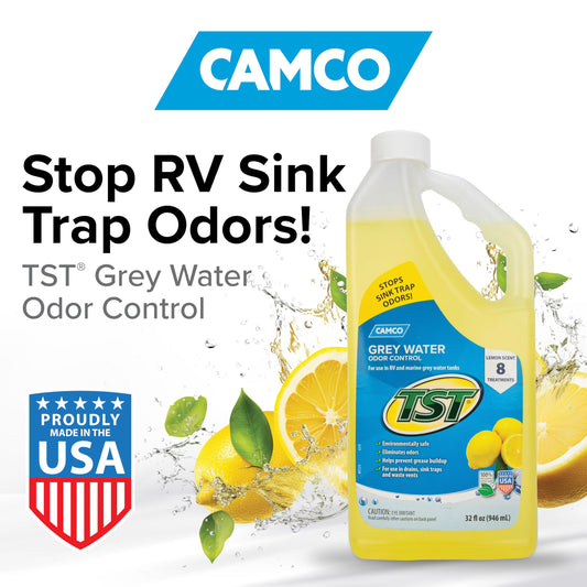 CAMCO 40252 Camco TST Camper/RV Grey Water Odor Control - Features Septic Safe Biodegradable Formula - Removes Grease Build-Up in Black Water Tank, Sink & Shower Drains - Fresh Lemon Scent, 32-oz Bottle (40252)