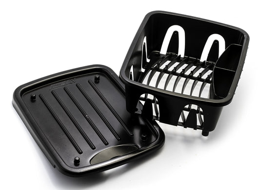 CAMCO 43512 Camco RV Mini Dish Drainer & Tray - Features a Sloped Drain Tray Design, Heavy-Duty Construction - Ideal for Small Spaces, Apartments, Boats, and More -9.5"L x 11.7"W x 4.75"H - Black (43512)