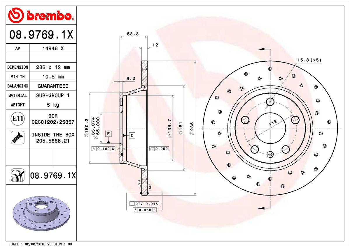 BREMBO 0897691XC02 Brembo 08.9769.1X Xtra UV Coated solid drilled Rear Brake Rotor AUDI OE# 8J0615601