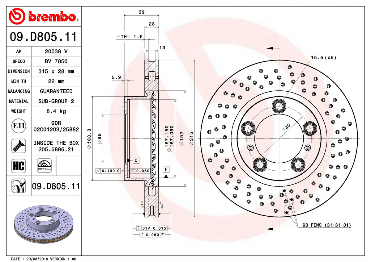 BREMBO 09D80511C02 Brembo 09.D805.11 UV Coated Pillar Vented drilled Front Brake Rotor PORSCHE OE# 98135140101