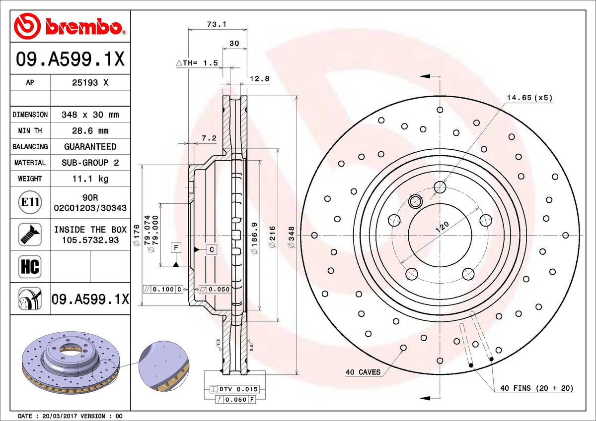 BREMBO 09A5991XC02 Brembo 09.A599.1X Xtra UV Coated vented drilled Front Brake Rotor BMW OE# 34116855000