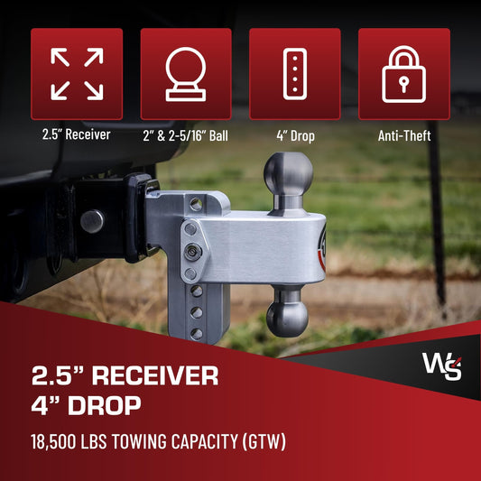 WEIGH SAFE LTB4-2.5-KA Weigh Safe Adjustable Trailer Hitch Ball Mount, 4" Adjustable Drop Hitch for 2.5" Receiver w/ 2 pc Keyed Alike Lock Set, Heavy Duty Aluminum Trailer Tow Hitch w/Stainless Steel Tow Balls, 18,500 GTW