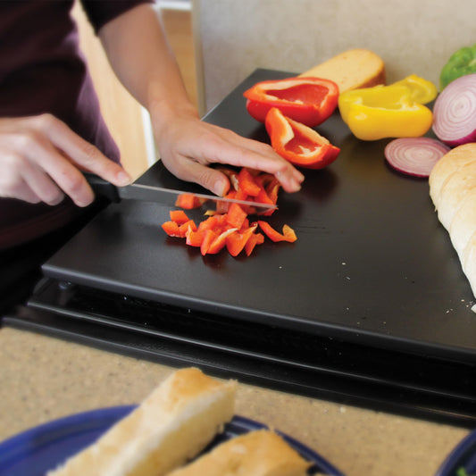 CAMCO 43704 Camco Decor Mate RV Stove Topper & Cutting Board – Black, Non-Skid, Durable Polyethylene – Adds Counter Space & Eliminates Rattling – 17" x 19.5" x 0.5" (43704)