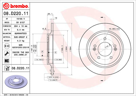 BREMBO 08D22011C02 Brembo 08.D220.11 UV Coated solid Rear Brake Rotor HYUNDAI/HYUNDAI (BEIJING)/KIA/KIA (DYK) OE# 584113V500