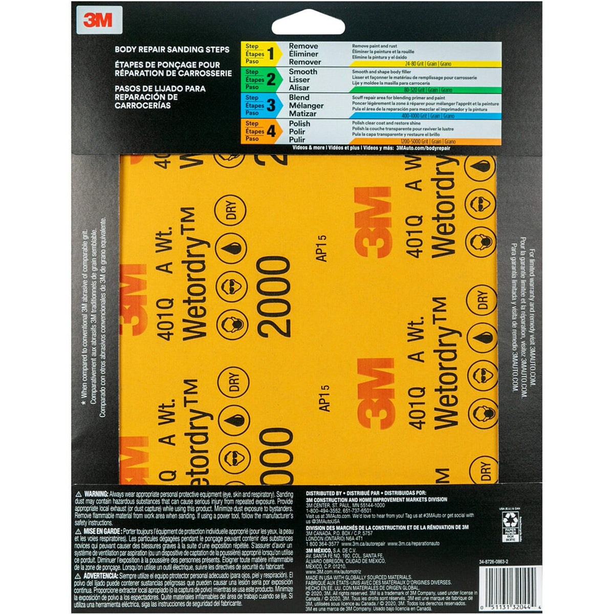 3M 32044 3M Wetordry Sandpaper, 32044, 2000 Grit, 9 inch x 11 inch, 5 Sheets Per Pack