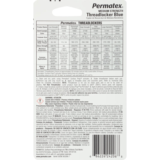 PERMATEX 24206 Permatex 24206 Medium Strength Threadlocker Blue, 2.5 ml, Automotive Threadlocker For Preventing Bolts From Loosening And Corrosion, Removable With Hand Tools