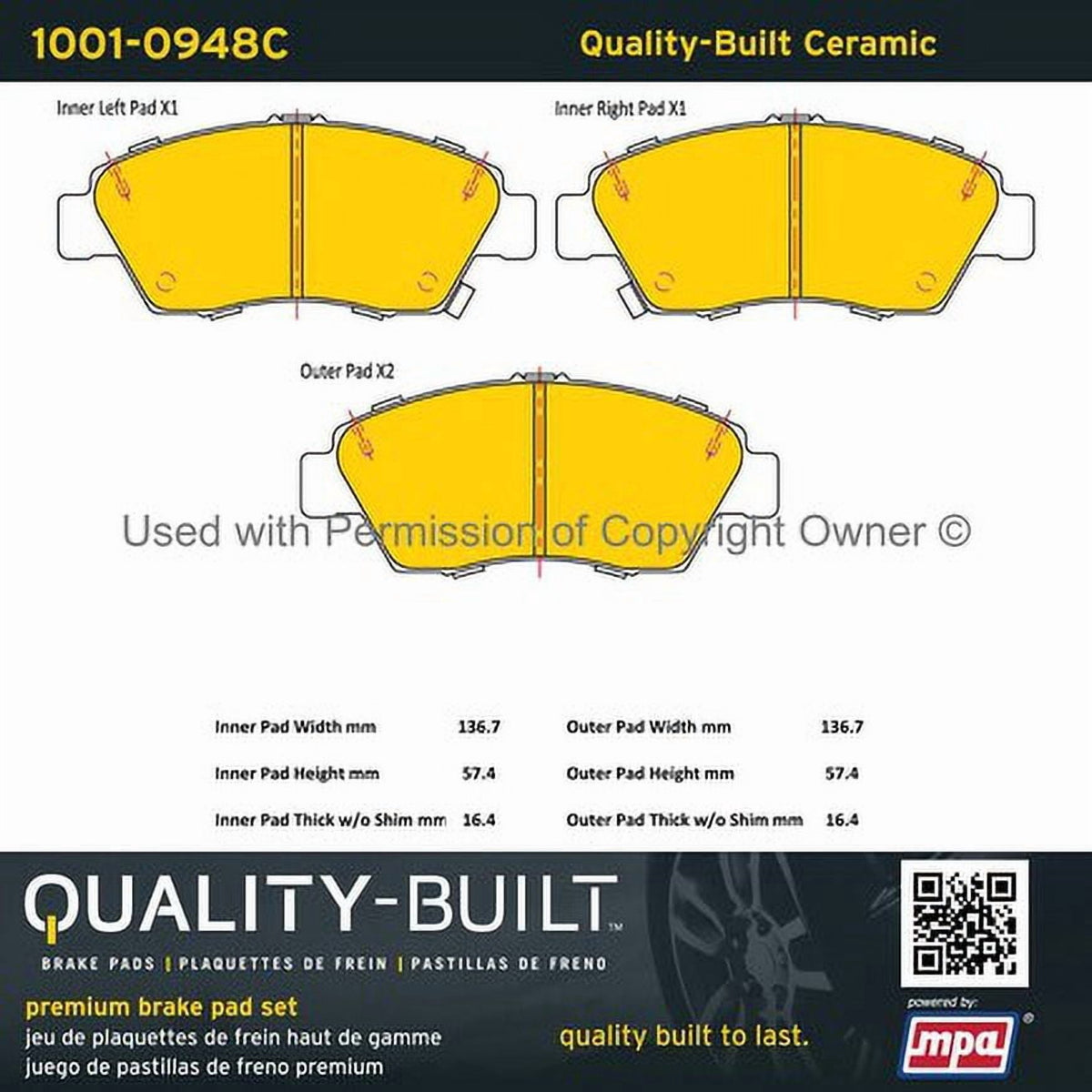 MPA Mpa Electrical 1001-0948C Quality Built Disc Brake Pad, Premium, Ceramic,
