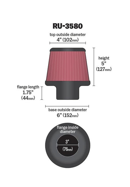 K&N FILTER RU-3580 K&N High-Flow Original Lifetime Universal Clamp-On Air Filter: High Performance, Premium, Washable: Flange Diameter: 3 In, Filter Height: 5 In, Flange Length: 1.75 In, Shape: Round Tapered, RU-3580