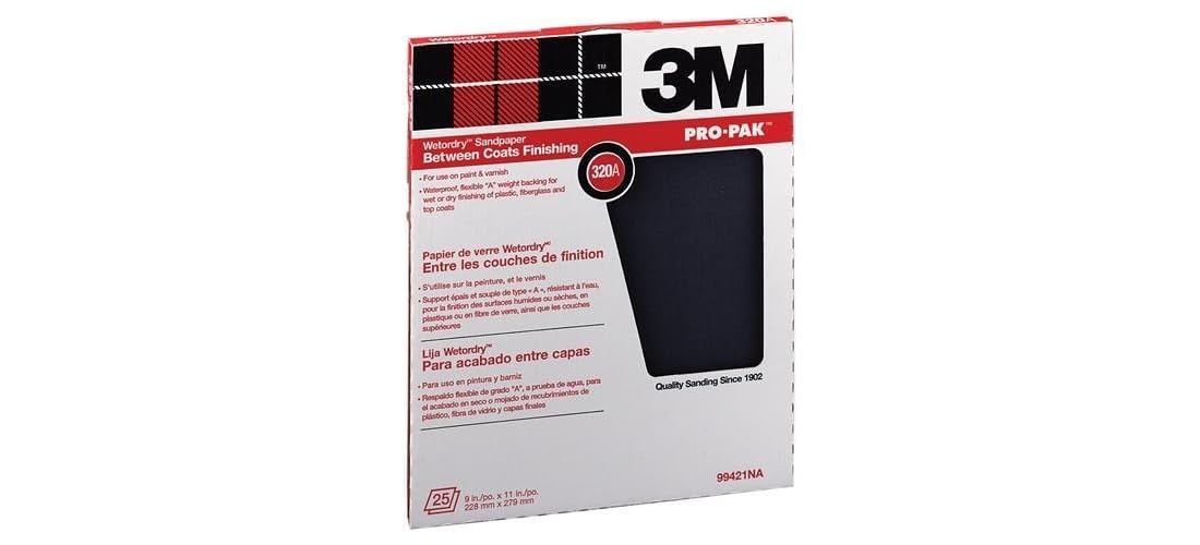 3M 99421 3M Pro-Pak Wetordry Between Finish Coats Sanding Sheets, 320A-Grit, 9-Inch by 11-Inch, 25-Pack