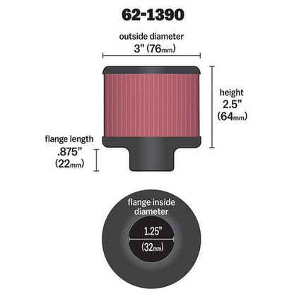 K&N FILTER 62-1390 K&N Vent Air Filter/Breather: High Performance, Premium, Washable, Replacement Engine Filter: Flange Diameter: 1.25 in, Filter Height: 2.5 in, Flange Length: 0.875 in, Shape: Breather, 62-1390