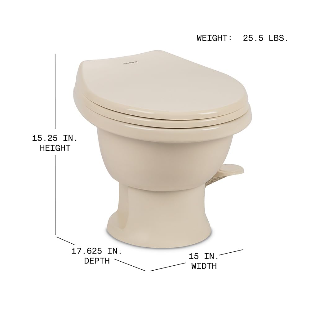 DOMETIC 9610008262 Dometic Model 411 Complete RV Toilet – Round Porcelain Bowl, Universal Fit & 2-Bolt Mount, Low-Profile 13–5/8" Seat Height, Gravity Flush Toilet with Soft-Close Seat, Bone (9610008262)