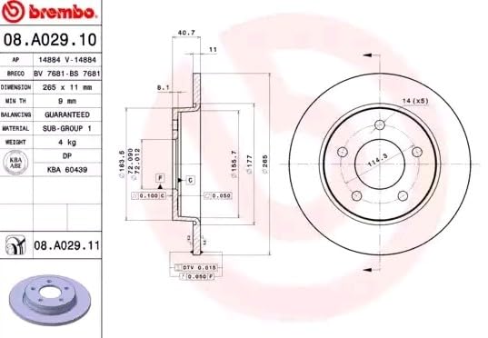 BREMBO 08A02911C02 Brembo 08.A029.11 UV Coated solid Rear Brake Rotor MAZDA/MAZDA (CHANGAN) OE# C24Y26251C