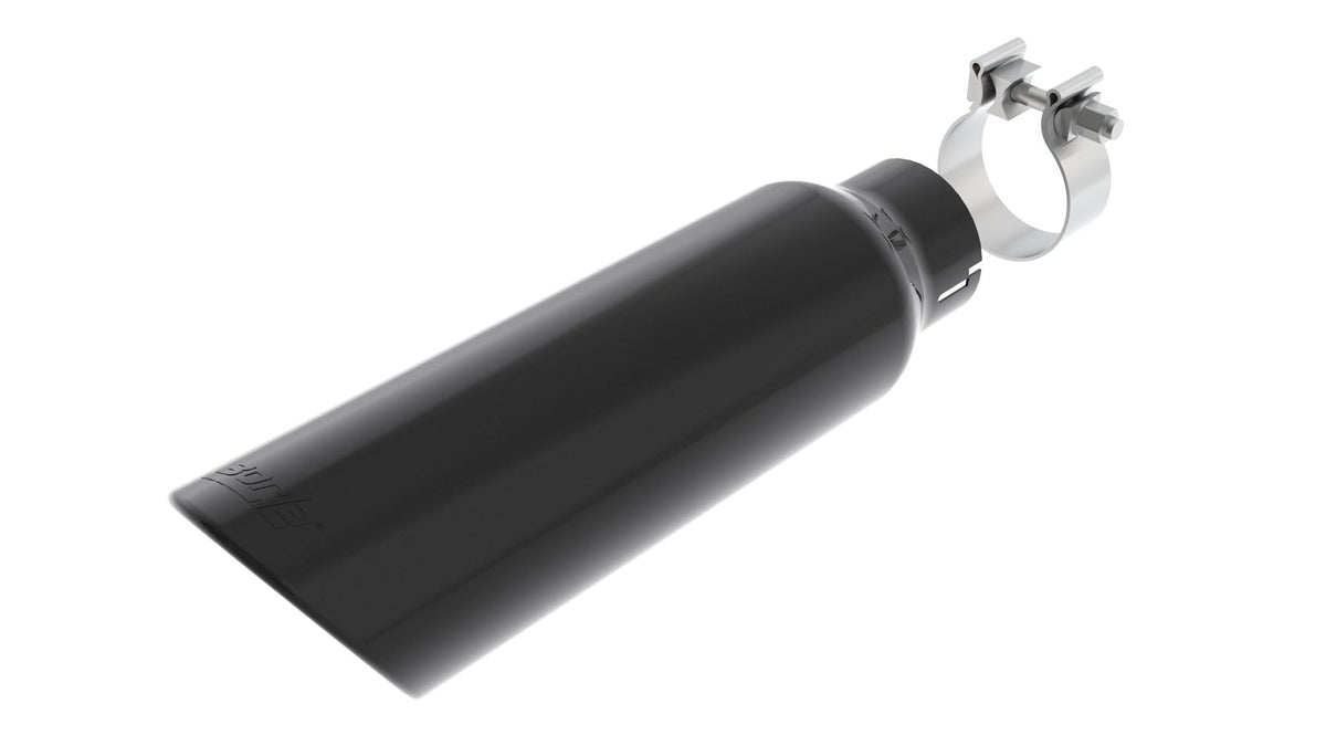 BORLA 20162 BORLA 20162 Universal Performance Exhaust Tip 2.75" Single Inlet / 4" Round Angle-Cut Single Outlet 14" Long Black Chrome On T-304 Stainless Steel Clamp On Design Clamp Included