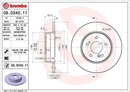 BREMBO 08D34011C02 Brembo 08.D340.11 UV Coated solid Rear Brake Rotor MERCEDES-BENZ OE# A1294230412