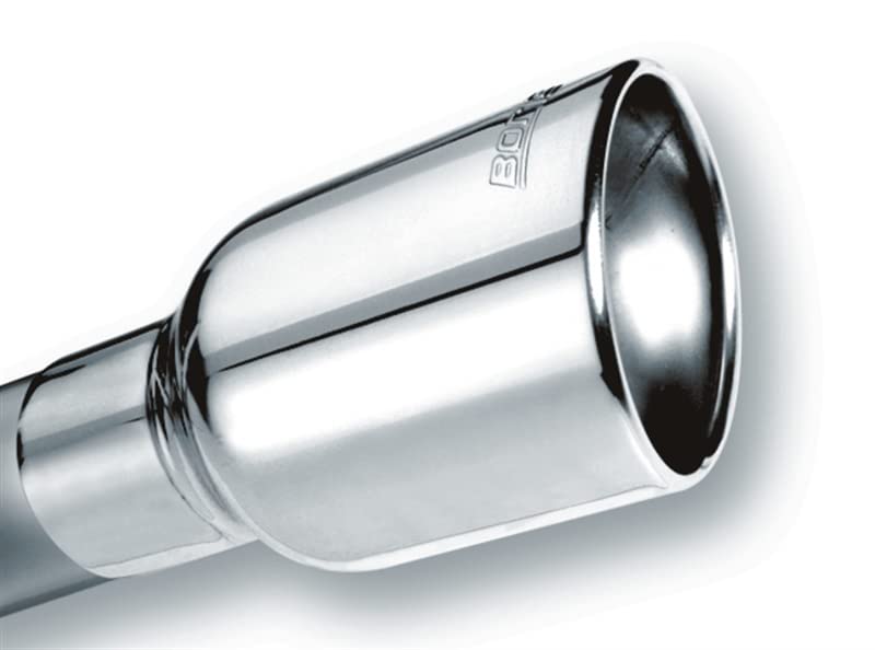 BORLA 20156 BORLA 20156 Exhaust Tip 2.5" Inlet - 4" Single Round Rolled-Edge Angle-Cut Lined Outlet - 6.25" Long Exhaust Tip Embossed with BORLA Logo. Clamp On Mounting Method. Clamp Included.