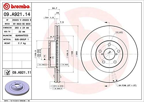 BREMBO 09A92111C02 Brembo 09.A921.11 UV Coated vented Front Brake Rotor SUBARU/TOYOTA OE# 26300SA000
