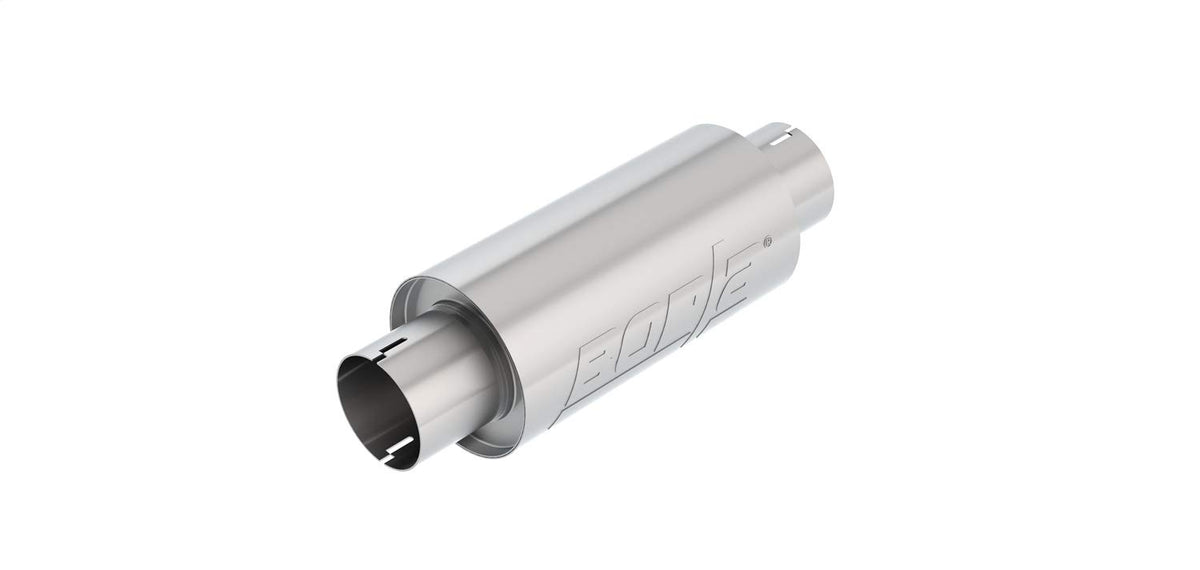BORLA 401343 BORLA 401343 Resonator/Specialty Resonator - 3" Center Inlet/ 3" Center Outlet 5" Round x 10" Long Body 15" Overall Length. Universal Part. Reversible Design. Notched Necks.