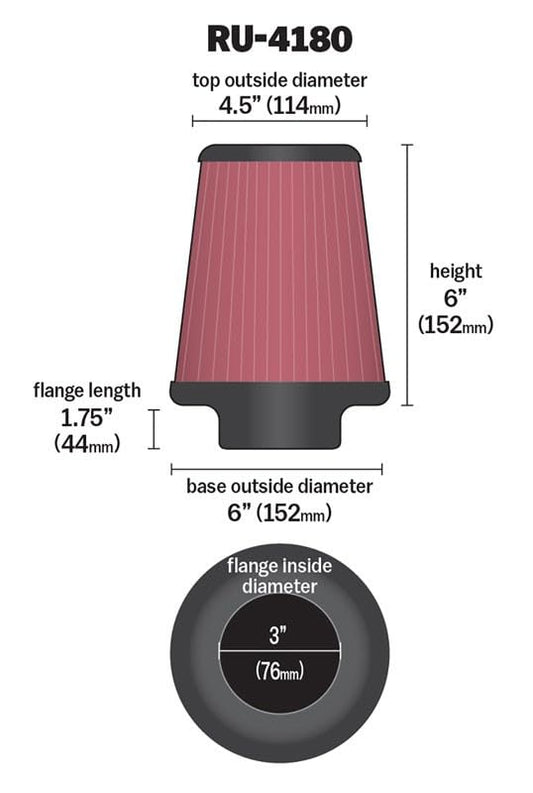 K&N FILTER RU-4180 K&N High-Flow Original Lifetime Universal Clamp-On Air Filter: High Performance, Premium, Washable: Flange Diameter: 3 In, Filter Height: 6 In, Flange Length: 1.75 In, Shape: Round Tapered, RU-4180