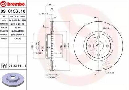 BREMBO 09C13611C02 Brembo 09.C136.11 UV Coated vented Front Brake Rotor MAZDA OE# N0YY3325X