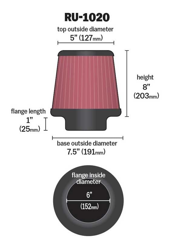 K&N FILTER RU-1020 K&N High-Flow Original Lifetime Universal Clamp-On Air Filter: High Performance, Premium, Washable: Flange Diameter: 6 In, Filter Height: 8 In, Flange Length: 1 In, Shape: Round Tapered, RU-1020