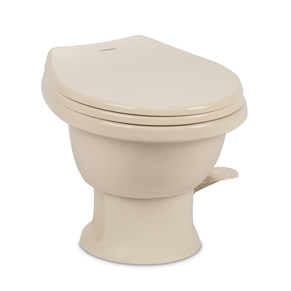 DOMETIC 9610008262 Dometic Model 411 Complete RV Toilet – Round Porcelain Bowl, Universal Fit & 2-Bolt Mount, Low-Profile 13–5/8" Seat Height, Gravity Flush Toilet with Soft-Close Seat, Bone (9610008262)