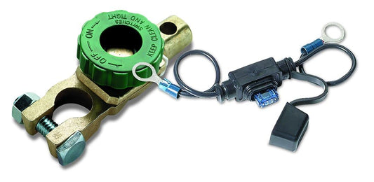 WIRTHCO 20309 Battery Doctor Top Mount Compact Battery Disconnect Switch with 15A Fused Bypass, 500 Surge / 125 Continuous at 12 Volts, Negative Top Post, Green Knob (20309)