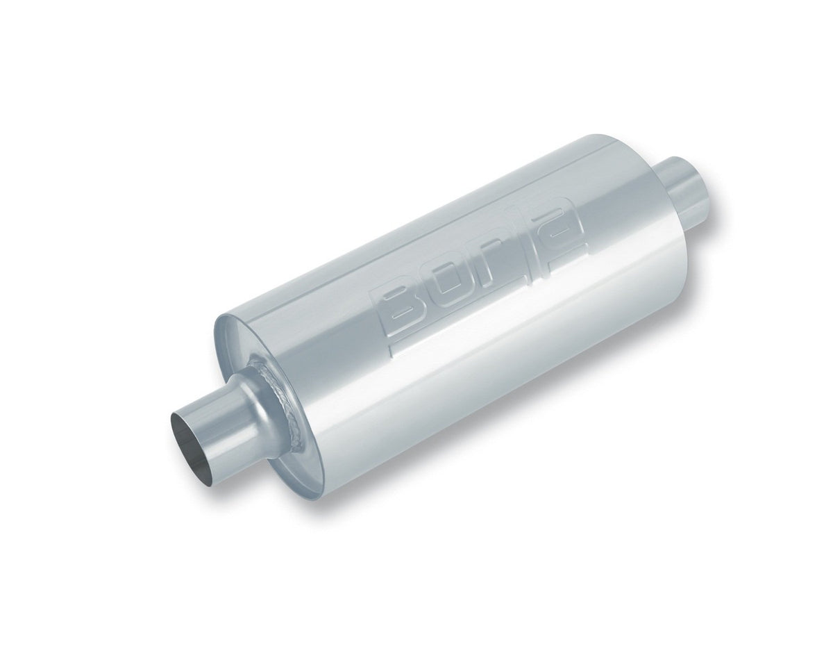 BORLA 400436 BORLA 400436 Specialty Muffler - Heavy Duty (Truck) - 3" Center Inlet/ 3" Center Outlet 6.75" Round x 24" Long Body 29" Overall Length. Universal. Reversible. Un-Notched Necks.