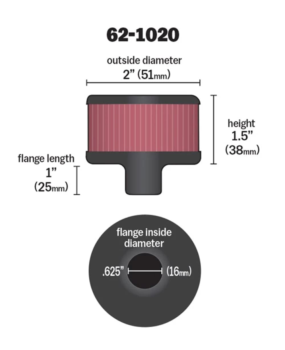 K&N FILTER 62-1020 K&N Vent Air Filter/Breather: High Performance, Premium, Washable, Replacement Engine Filter: Filter Height: 1.5 in, Flange Length: 1 in, Shape: Breather, 62-1020