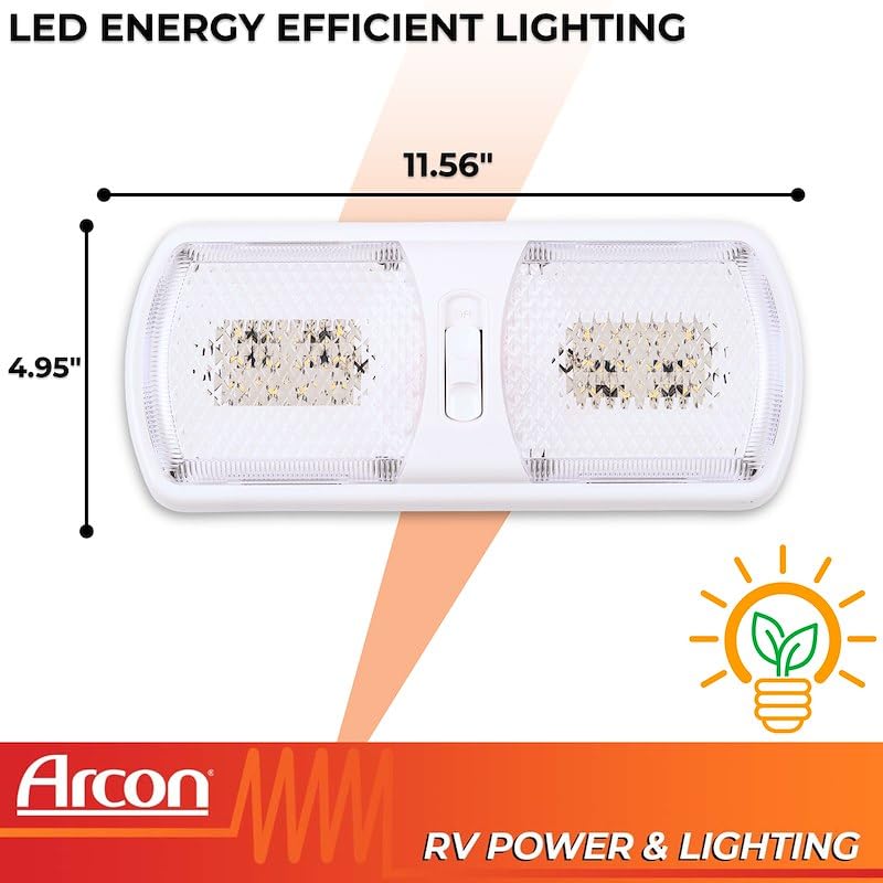 ARCON 20712N Arcon LED Double Ceiling Light 12V Soft White SMD Clear Lens 11.56 x 4.95 Inch Euro-Style Dome Lighting with On Off On Switch RV Camper Trailer Interior Light 20712N