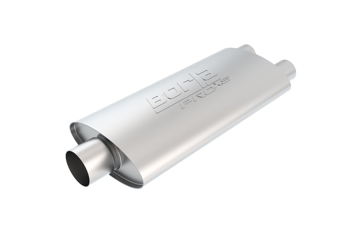 BORLA 40349 BORLA 40349 ProXS Universal Performance Muffler 3" Single Center Inlet/Dual 2.5" Outlets 4" x 9.5" Oval x 19" Long Body 25" Overall Length Reversible Design T-304 Stainless Steel