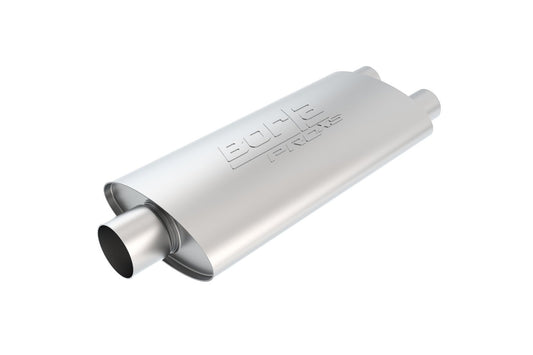BORLA 40349 BORLA 40349 ProXS Universal Performance Muffler 3" Single Center Inlet/Dual 2.5" Outlets 4" x 9.5" Oval x 19" Long Body 25" Overall Length Reversible Design T-304 Stainless Steel