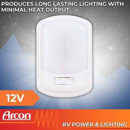 ARCON 20713N Arcon LED Ceiling Single Light 12V Euro-Style Soft White Dome Fixture with White Lens Easy On/Off Switch Compact Interior Lighting for RV Camper Trailer Arcon 20713N