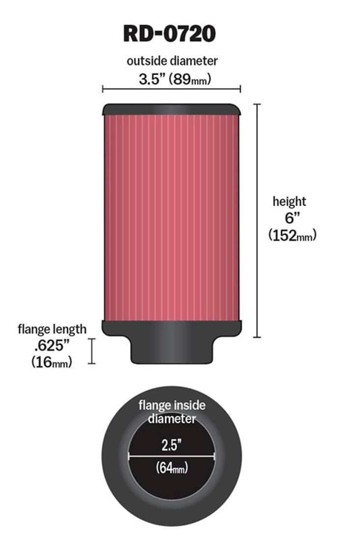 K&N FILTER RD-0720 K&N High-Flow Original Lifetime Universal Clamp-On Air Filter: High Performance, Premium, Washable: Flange Diameter: 2.5 In, Filter Height: 6 In, Flange Length: 0.625 In, Shape: Round, RD-0720
