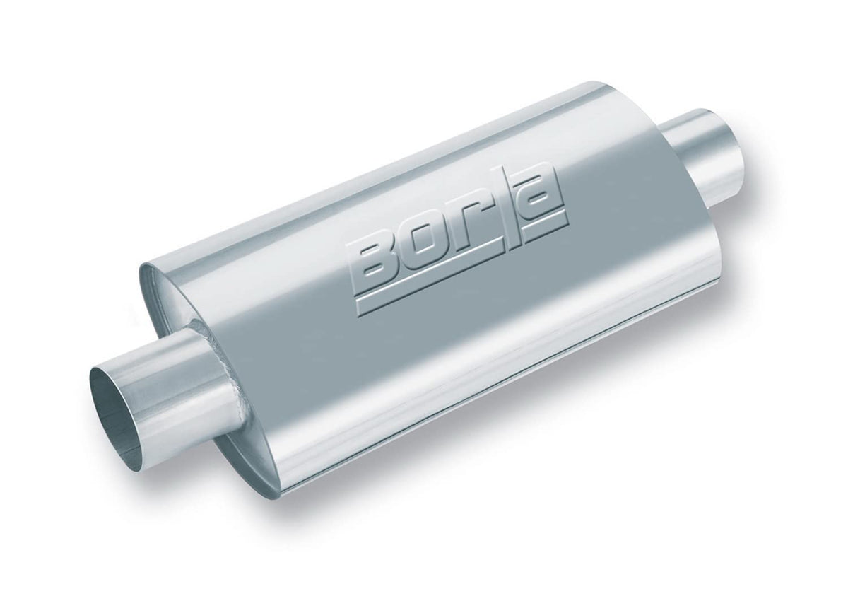 BORLA 40943 BORLA 40943 XR-1 Sportsman Universal Performance Muffler 3" Center Inlet / 3" Center Outlet 4.25" x 7.88" Oval x 12" Long Body 17" OAL Un-Notched Necks Reversible Design T-304 Stainless Steel