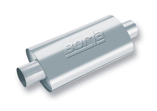 BORLA 40943 BORLA 40943 XR-1 Sportsman Universal Performance Muffler 3" Center Inlet / 3" Center Outlet 4.25" x 7.88" Oval x 12" Long Body 17" OAL Un-Notched Necks Reversible Design T-304 Stainless Steel