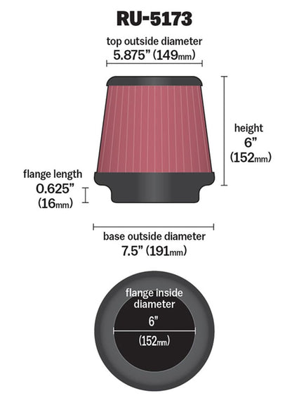 K&N FILTER RU-5173 K&N High-Flow Original Lifetime Universal Clamp-On Air Filter: High Performance, Premium, Washable: Flange Diameter: 6 In, Filter Height: 6 In, Flange Length: 0.625 In, Shape: Round Tapered, RU-5173
