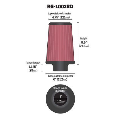 K&N FILTER RG-1002RD K&N High-Flow Original Lifetime Universal Clamp-On Air Filter: Performance, Premium, Washable: Flange Diameter: 4 In, Filter Height: 9.5 In, Flange Length: 1.125 In, Shape: Round Tapered, RG-1002RD