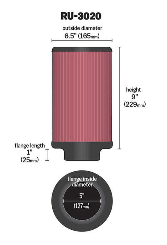K&N FILTER RU-3020 K&N High-Flow Original Lifetime Universal Clamp-On Air Filter: High Performance, Premium, Washable: Flange Diameter: 5 In, Filter Height: 9 In, Flange Length: 1 In, Shape: Round, RU-3020