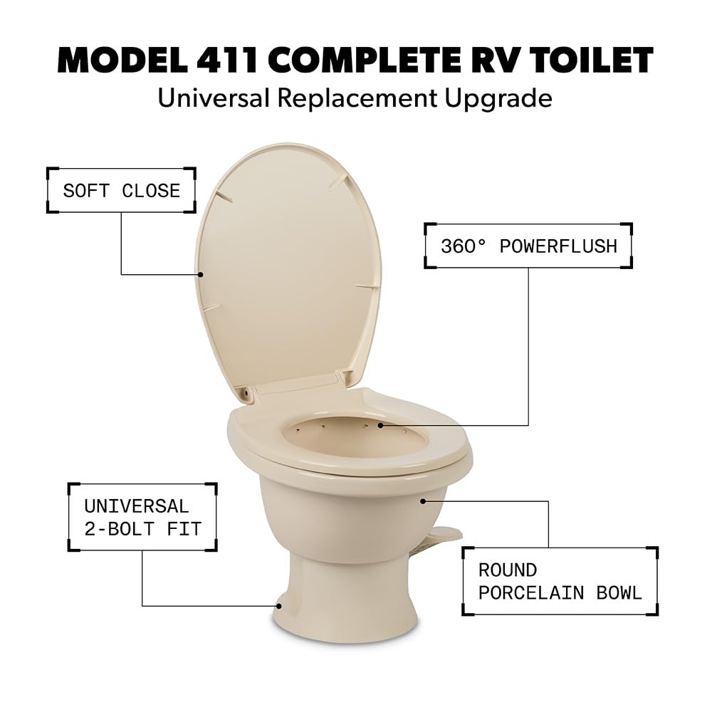 DOMETIC 9610008262 Dometic Model 411 Complete RV Toilet – Round Porcelain Bowl, Universal Fit & 2-Bolt Mount, Low-Profile 13–5/8" Seat Height, Gravity Flush Toilet with Soft-Close Seat, Bone (9610008262)