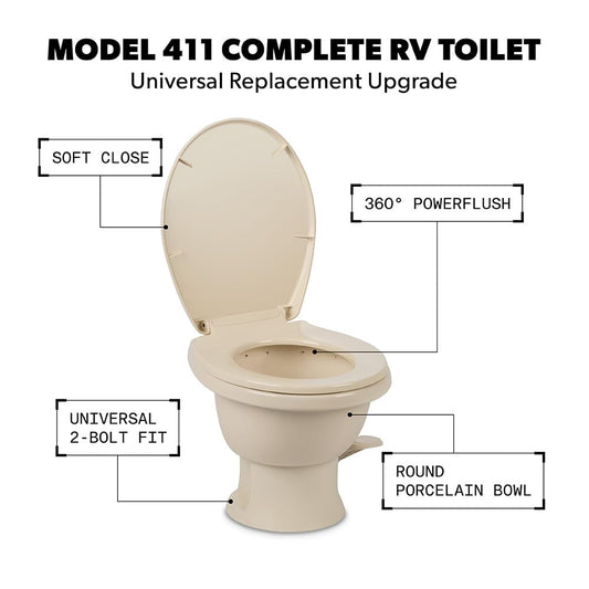 DOMETIC 9610008262 Dometic Model 411 Complete RV Toilet – Round Porcelain Bowl, Universal Fit & 2-Bolt Mount, Low-Profile 13–5/8" Seat Height, Gravity Flush Toilet with Soft-Close Seat, Bone (9610008262)