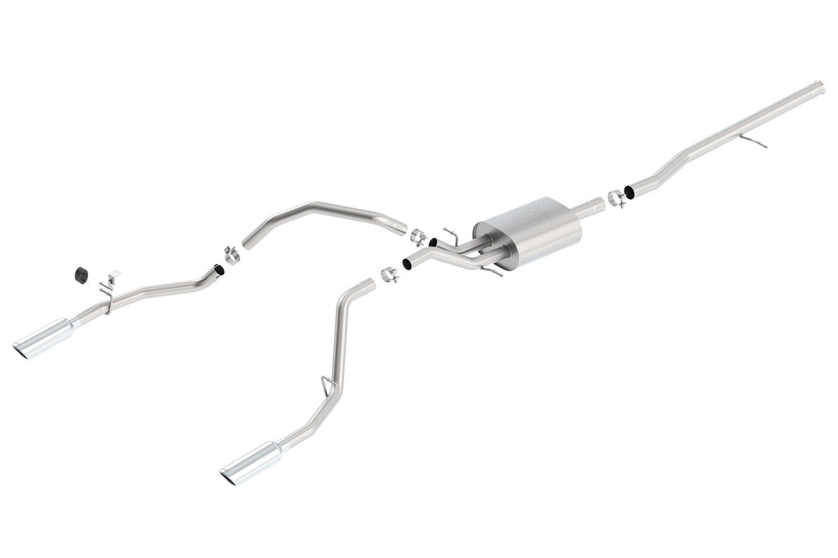 BORLA 140537 BORLA 140537 Cat-Back Perf. Exhaust Sys. for '14-'18 Chevrolet Silverado 1500/ GMC Sierra 1500/ '19 Silverado & Sierra 1500 LD ONLY V8 T-304 Stainless ATAK Dual Split Rear Exit 4" Rnd. Chrome Tips