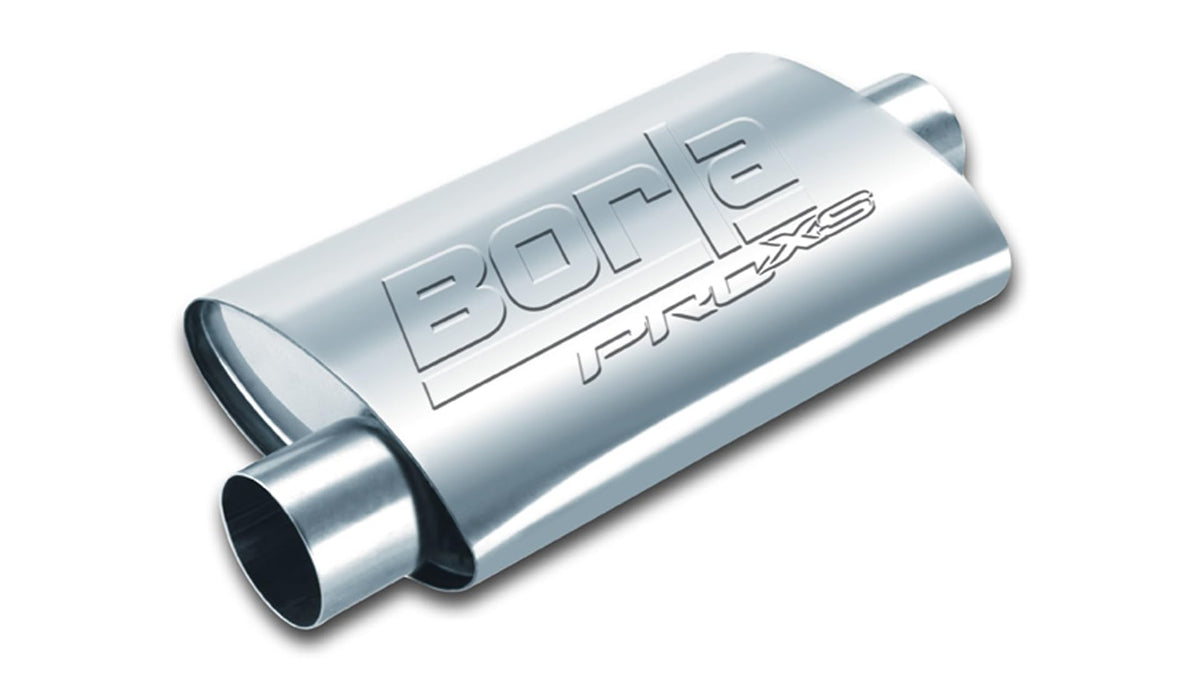 BORLA 40665 BORLA 40665 ProXS Universal Muffler 2.5" Offet Inlet / 2.5" Center Outlet 4" x 9.5" Oval x 19" Long Body 24" Overall Length Un-Notched Necks Reversible Design T-304 Stainless Steel Universal
