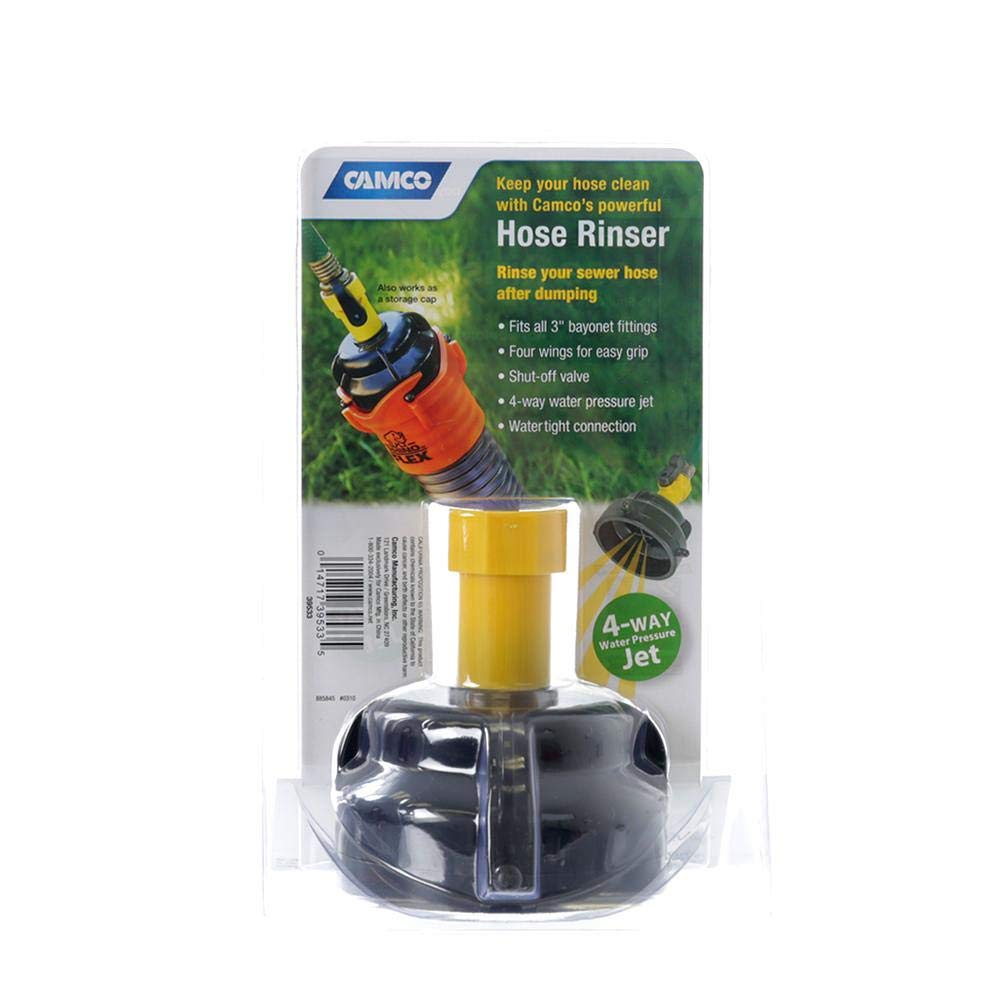 CAMCO 39533 Camco RV Sewer Hose Rinse Cap | Features a Convenient Shut-Off Valve for Water Flow Control, Firmly Locks onto the RV Sewer Hose Bayonet Fitting, and Rinses RV Sewer Hose Before Storage (39533)