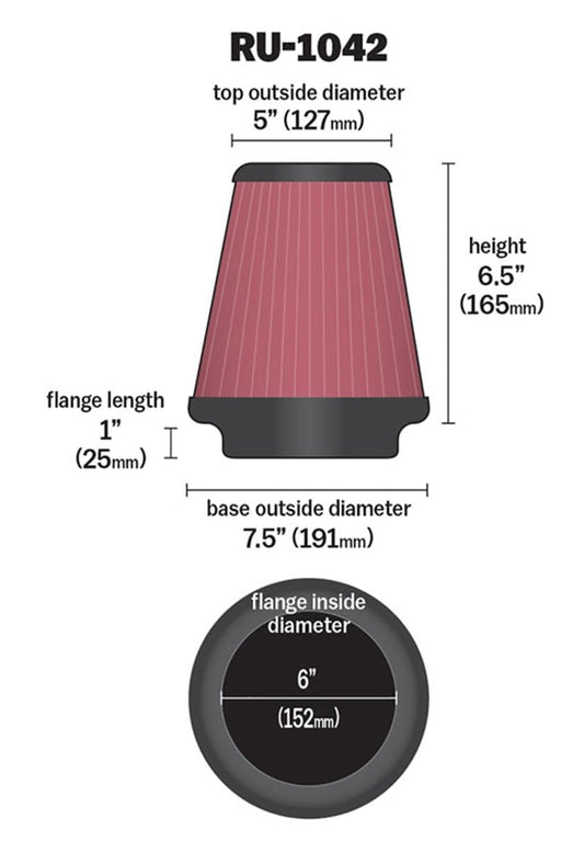 K&N FILTER RU-1042 K&N High-Flow Original Lifetime Universal Clamp-On Air Filter: High Performance, Premium, Washable: Flange Diameter: 6 In, Filter Height: 6.5 In, Flange Length: 1 In, Shape: Round Tapered, RU-1042