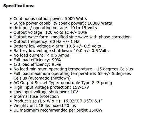 AIMS POWER PWRINV500012W AIMS 5000W 12V Modified Sine Inverter 120V GFCI Terminal Block