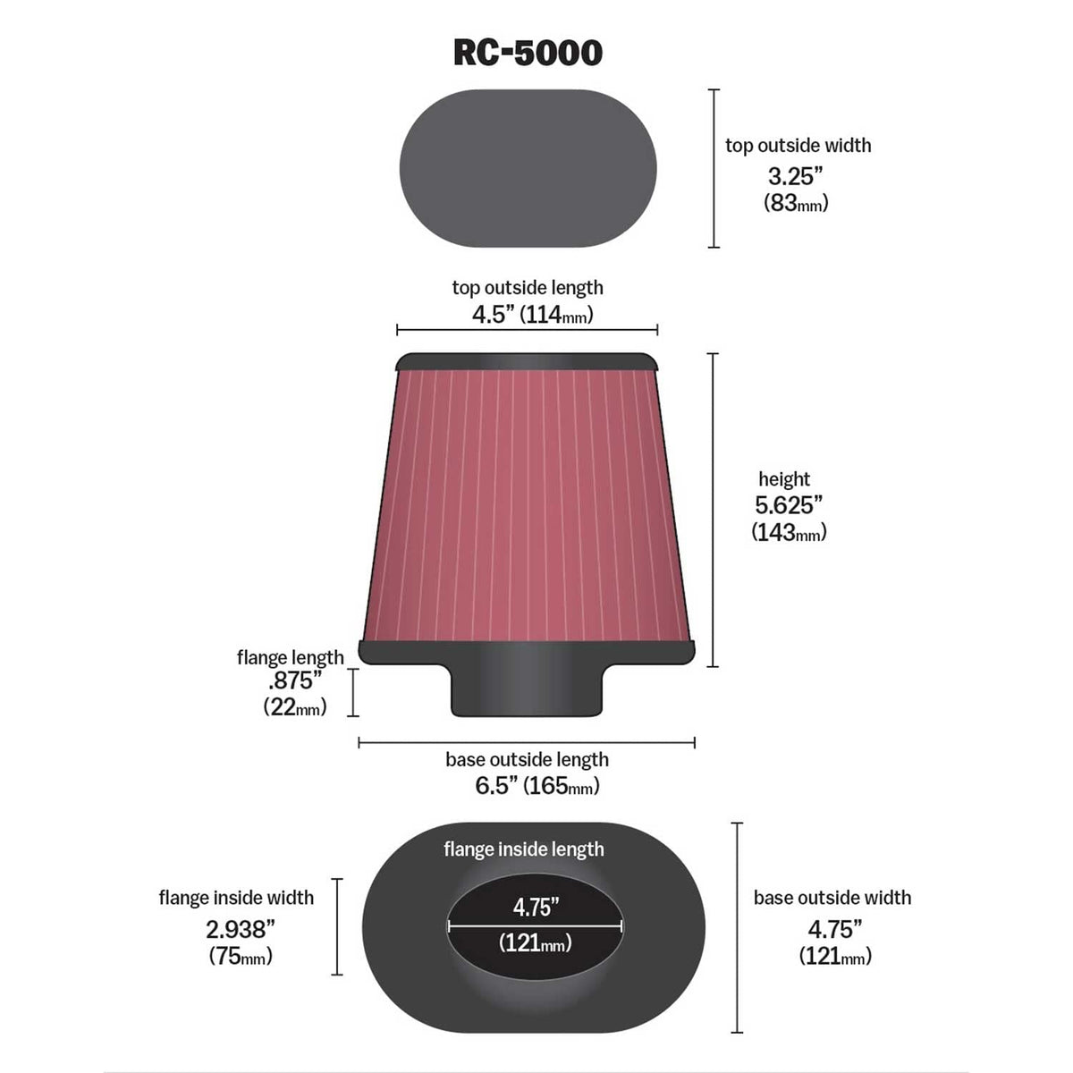 K&N FILTER RC-5000 K&N High-Flow Original Lifetime Universal Clamp-On Air Filter: High Performance, Washable, Replacement Engine Filter: Filter Height: 5.625 In, Flange Length: 0.875 In, Shape: Oval Straight, RC-5000