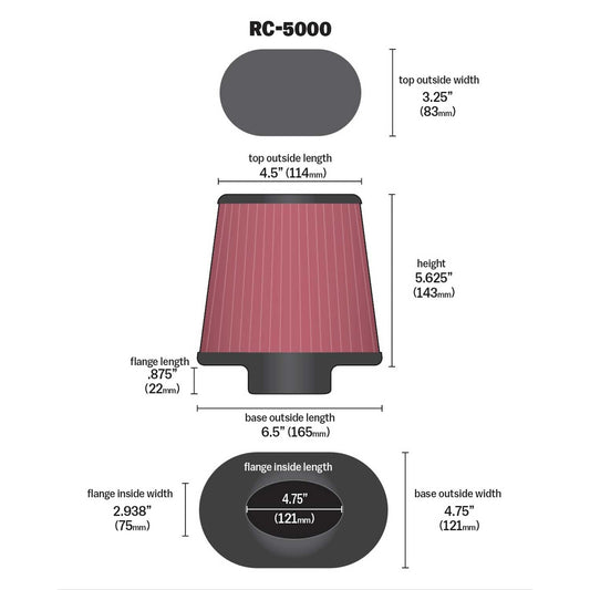 K&N FILTER RC-5000 K&N High-Flow Original Lifetime Universal Clamp-On Air Filter: High Performance, Washable, Replacement Engine Filter: Filter Height: 5.625 In, Flange Length: 0.875 In, Shape: Oval Straight, RC-5000