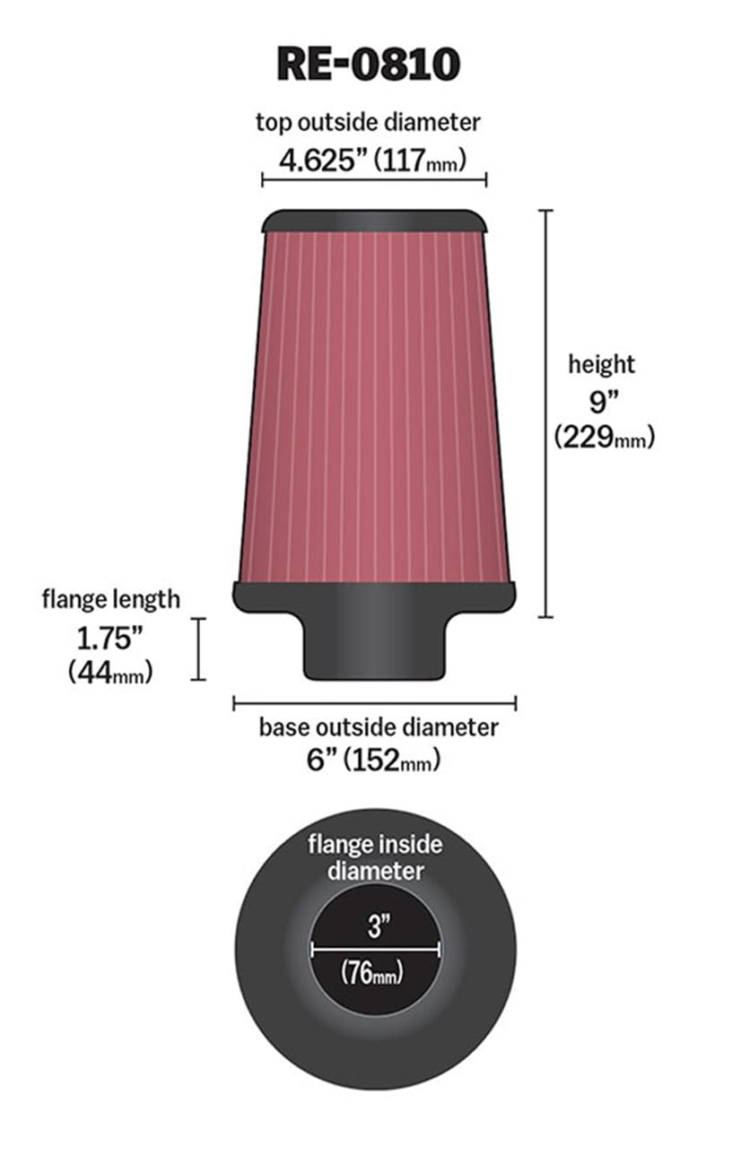 K&N FILTER RE-0810 K&N High-Flow Original Lifetime Universal Clamp-On Air Filter: High Performance, Premium, Washable: Flange Diameter: 3 In, Filter Height: 9 In, Flange Length: 1.75 In, Shape: Round Tapered, RE-0810